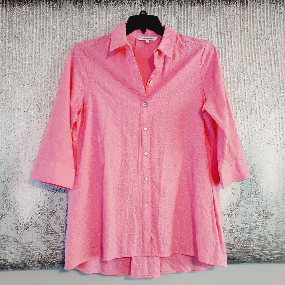 Foxcroft NYC Pink Embroidered Elbow length sleeves Tunic Shirt Sz-10